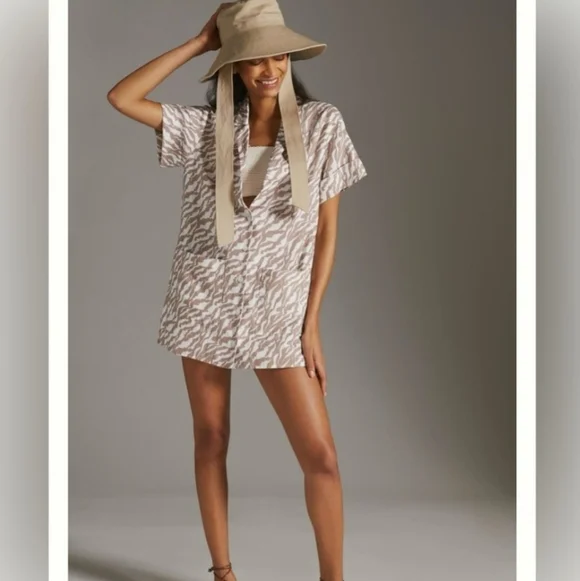 Anthropologie Amadi Zebra Stripe Safari Mini Shirt Dress Brown/White Med - Picture 1 of 16